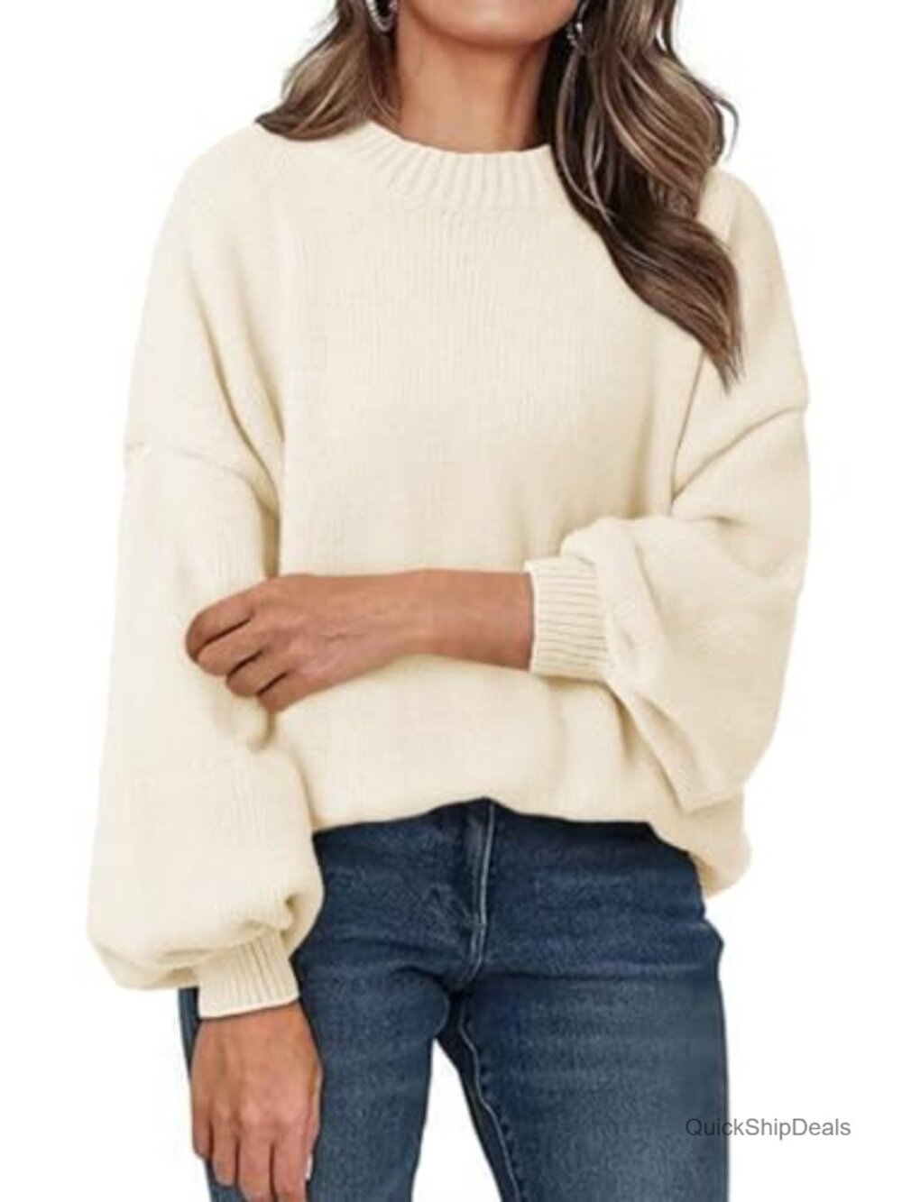 Oversized Chunky Knit Sweater Mock Neck Lantern Sleeve Pullover